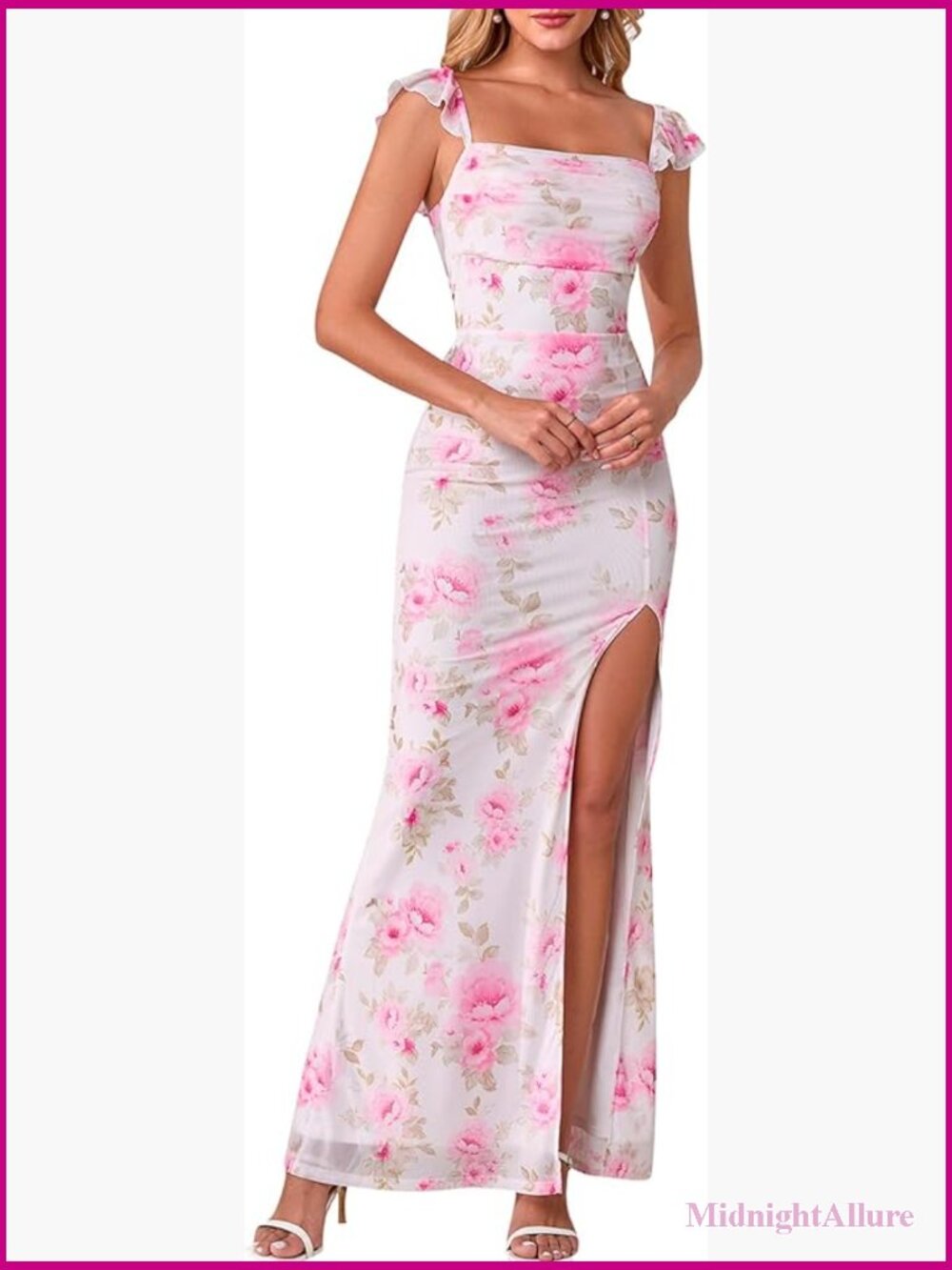 Bodycon Maxi Dress with High Slit Square Neck Ruched Sleeveless Tie Back
